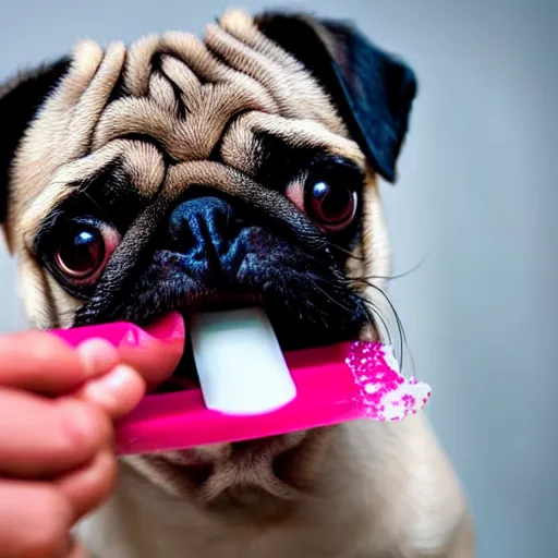 Prompt: a pug eating a popsicle