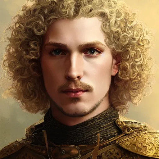 Prompt: blonde curly-haired medieval nobleman, D&D, doublet, painted fantasy character portrait, highly detailed, digital painting, artstation, concept art, sharp focus, illustration, art by artgerm and greg rutkowski and alphonse mucha