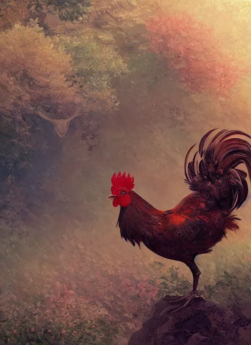 Image similar to a gorgeous paradise rooster japanese art is looking at a bird, ethereal, horror, fantasy art by greg rutkowski and magali villeneuve and claude monet