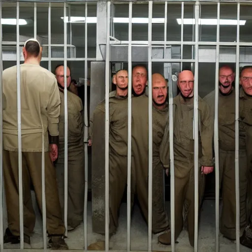 Image similar to inmates with cowheads inside a jailcell