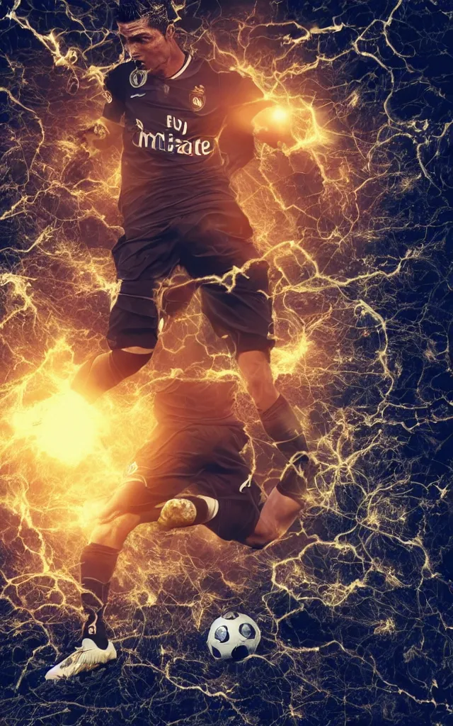 Prompt: scientific twisted cristiano ronaldo soccer player surrounded by twisted skulls and tackling the nike ball in front of the light flare, night earth crust, trail cam, realistic photography paleoart, masterpiece album cover