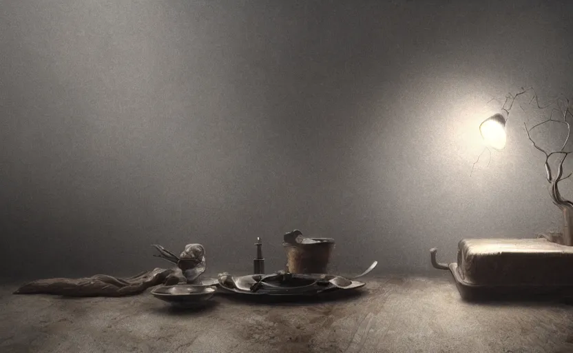 Prompt: amazing still life composition, gloomy and foggy atmosphere, octane render, rembrandt, cgsociety, artstation trending, horror scene, highly detailded