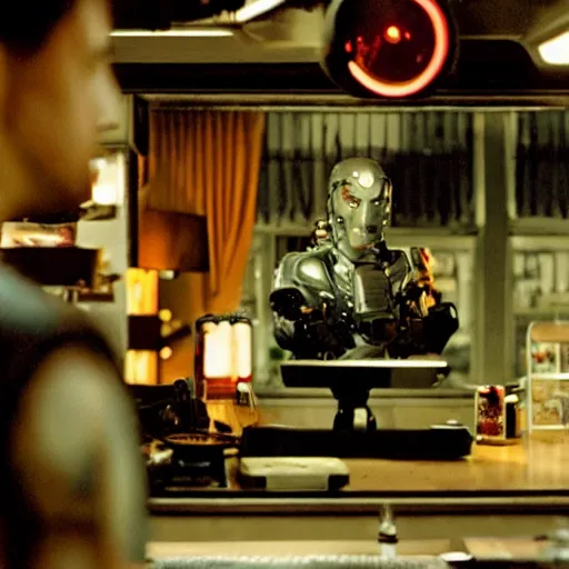 Image similar to movie still of cyborg good morning, cinematic composition, cinematic light, criterion collection, by edgar wright