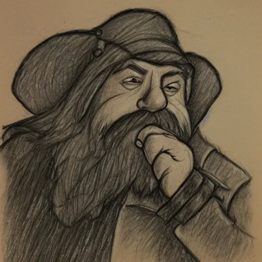 Image similar to dwarves miner digging through his nose looking for gold pencil drawing