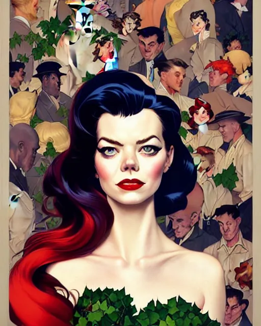 Prompt: joshua middleton, phil noto, norman rockwell, artgerm, 1 9 5 0 s rockabilly emma stone poison ivy dc comics, vines, symmetrical eyes, city rooftop