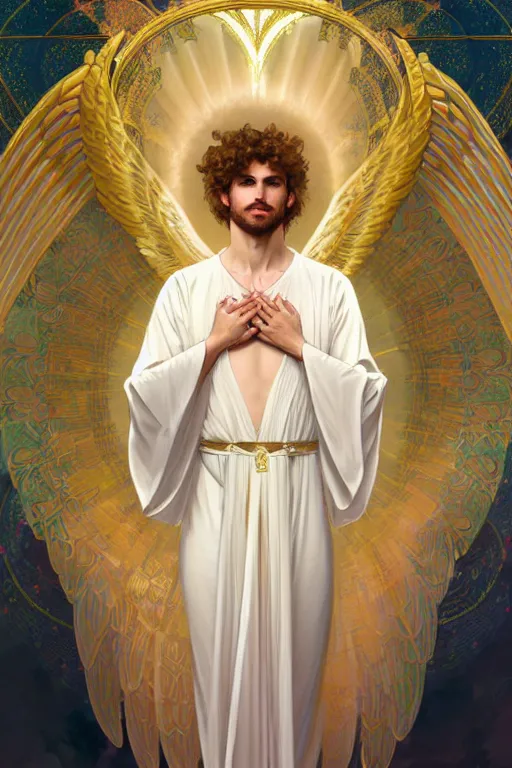 Image similar to fullbody portrait of a beautiful young fit male angel with curly blond hairs, soft smile, blessing hands, dressed with long fluent tunic, majestic symmetrical eagle wings, luminous halo, by greg rutkowski and alphonse mucha, gradient white to gold, in front of an iridescent background, highly detailed, digital painting, artstation, concept art, smooth, sharp focus illustration