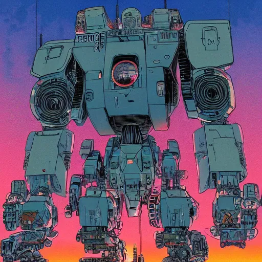 Image similar to hyper detailed comic illustration of a giant mechwarrior robot and the sunset in the distance, by Josan Gonzalez and Geof Darrow, highly detailed, 8k wallpaper