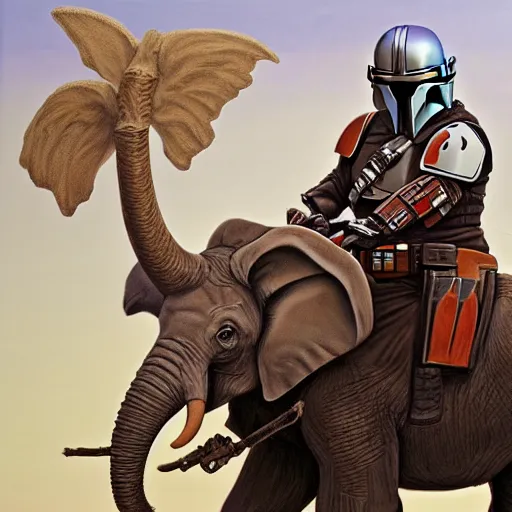 Image similar to painting of the mandalorian riding an elephant, intricate, high detail, in the style of mandalorian end credit concept art