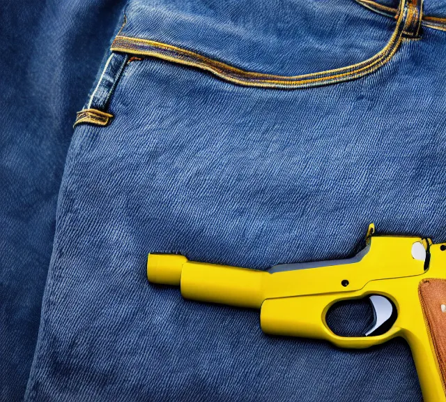 Prompt: a 4 k photorealistic photo full shot of a yellow and blue gun denim.