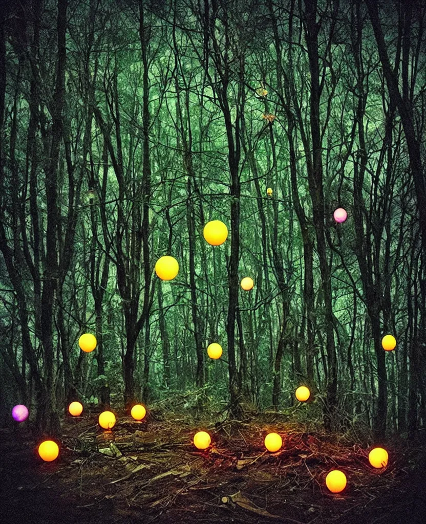 Prompt: “ dense dead forest with glowing orbs, shopping cart ”