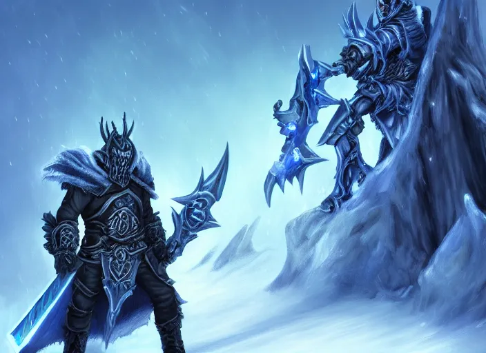 Image similar to the lich king with his mourneblade sitting on the frozen throne artwork by mendoza eddie, trending on artstation