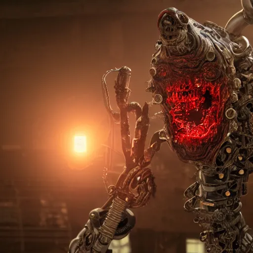Prompt: fleshy-zombie-cyborg-Elmo mechanical-limbs sci-fi high intricate detail photorealistic dramatic lighting 4K