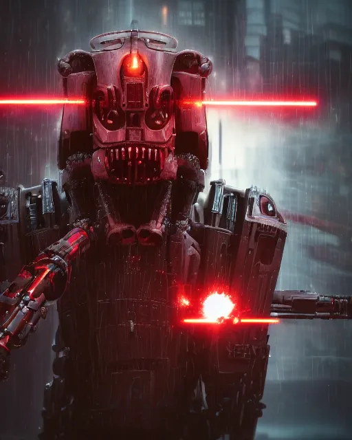 Prompt: 5 5 mm close up portrait photo of angry heavy duty biomechanical general grievous holding 4 red activated lightsabers in a futuristic city in the rain. dof. bokeh. cyberpunk horror style. highly detailed 8 k. intricate. unreal engine render with nanite and lumen. lifelike. soft light. nikon d 8 5 0.