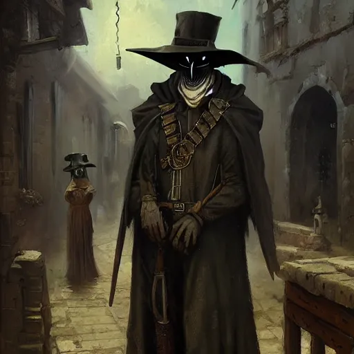 Image similar to steampunk plague doctor in medieval village, oil painting, by Greg Rutkowski