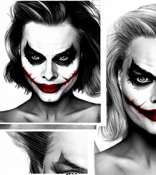 Image similar to margot robbie with joker makeup, pencil drawing, realistic face, beautiful eyes, smiling, hyper realistic, highly detailed