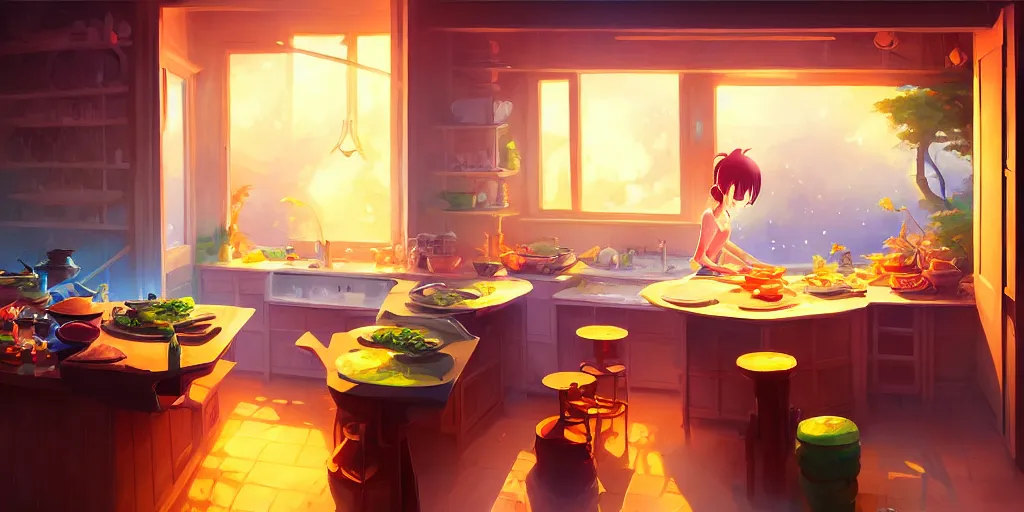 Prompt: naive nerikomi, weird perspective, extra narrow, detailed illustration of a kitchen lit by flashlight in a scenic spiral environment by jesper ejsing, by rhads and makoto shinkai