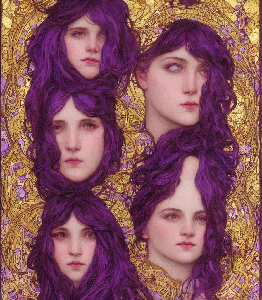 Prompt: purple, character portrait of purple energy, by waterhouse, by mucha, lean face, symmetrical face, face symmetry, cinematic lighting, beautiful, elegant, oil painting, cinematic, portrait, raphaelite, trending on artstation, intricate background