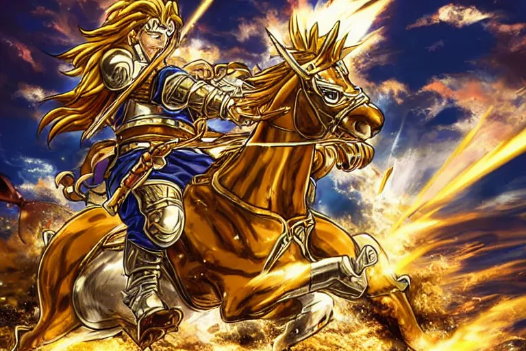 Prompt: an ultra detailed portrait of king richard the lionhearted as a shonen anime protagonist attacking riding a horse in gold armor, 8 k, volumetric lighting, art by kentaro miura and akira toriyama