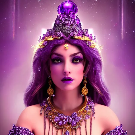 Image similar to portrait princess of amethyst, glowing, ornate and intricate purple jewelry, jaw dropping beauty, glowing background lighting, purple accent lighting, hyper detailed, fairy tale, 4 k octane render