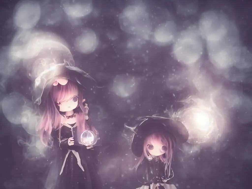 Prompt: cute fumo plush girl gazing into a crystal ball swirling with strange energy, black and white gothic horror, smoke and volumetric fog, witch girl, soothsayer, lens flare glow, chibi anime, vray