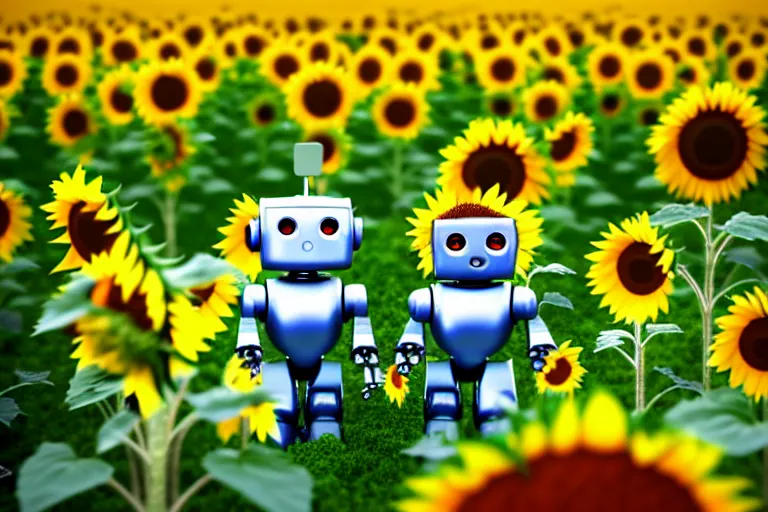 Prompt: a cute little robots at sunflower field. super realistic 8 k render of a elegant, cinematic composition