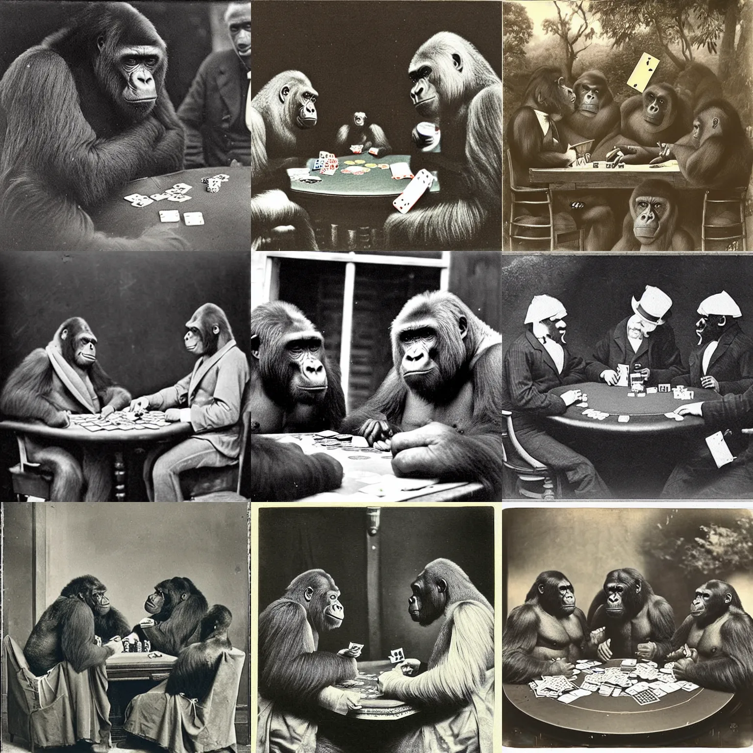 Prompt: “gorillas playing poker, 1900’s photo”