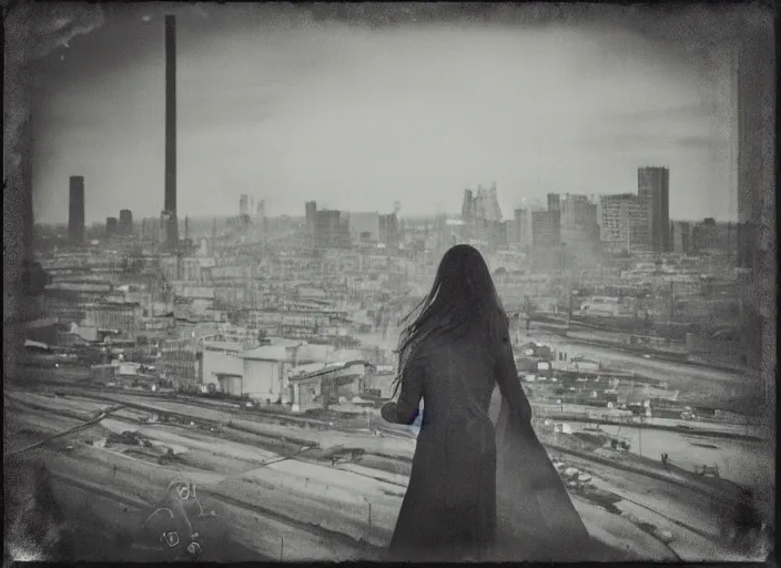 Image similar to mysterious sad girl wrapped in smoke observing a big industrial city metropoli in the distance, cloudy sky, polaroid artistic photo