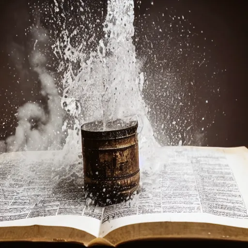 Prompt: studio photography of bible with a geyser of water bursting out of it