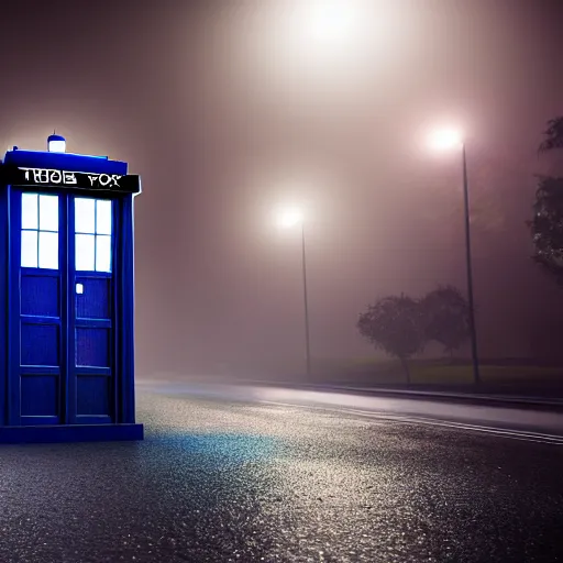 Image similar to A hyperdetailed photograph of the TARDIS sat on a futuristic street corner, night, dense fog, rain, HD, 8K resolution