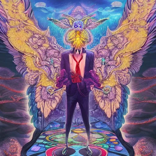 Image similar to 8K Portrait of centered chest up of a psychedelic godlike mothman with giant mandala wings smoking a hand-rolled cigarette smoking heavily , magic mushroom village in background , post-processing , award winning. superb resolution. in the art style of junji Ito and greg rutkowski . Detailed Mushroom city in background. Hyper realistic anime. Perfect art. Dalle2