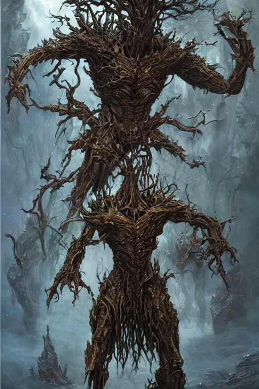 Image similar to full body concept art of Treebeard wearing iron man armor made with porcelain by Jeff Easley and Peter Elson + beautiful eyes, beautiful face + symmetry face + galaxy + gothic, surreal, dread + highly detailed, intricate complexity, epic composition, magical atmosphere + masterpiece, award winning + trending on artstation