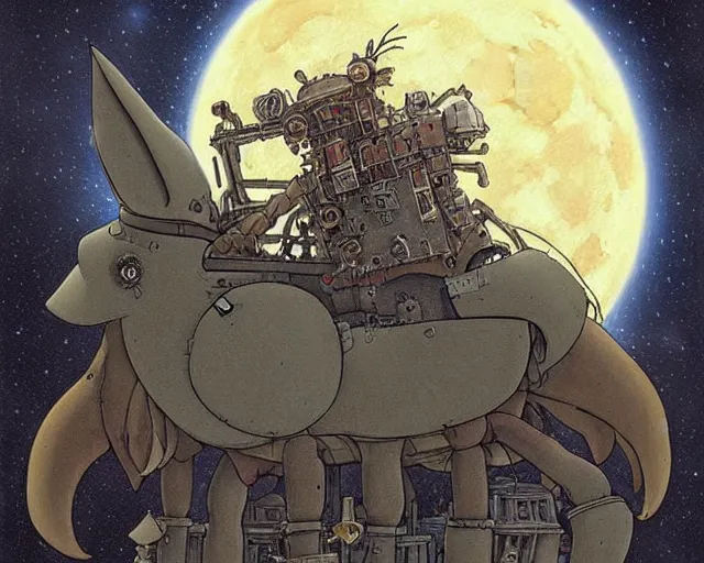 Prompt: a mechanical drawing of a grey lovecraftian mechanized wolf from howl's moving castle ( 2 0 0 4 ), with a big head, in a war - torn desert village, wide shot, in front of a big moon, muted colors, post grunge, studio ghibli, hq, art by artgem