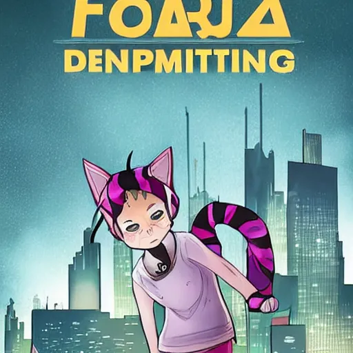 Image similar to determined 7 year - old girl with cat ears pouncing from the rooftop, futuristic skyline behind her, wide shot, highly coherent, saga comic, graphic novel, fiona staples