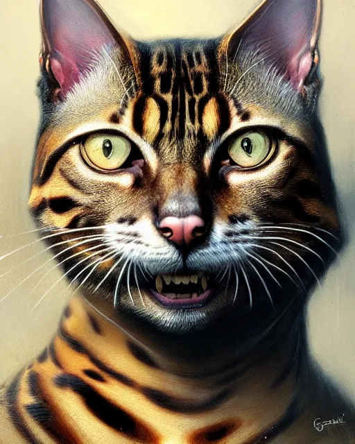 Image similar to bengal cat, character portrait, portrait, close up, concept art, intricate details, highly detailed by greg rutkowski, michael whelan and gustave dore