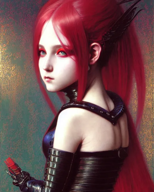 Image similar to portrait of beautiful cute young goth maiden girl with white hair in warhammer armor, red lighting, art by ( ( ( kuvshinov ilya ) ) ) and wayne barlowe and gustav klimt and artgerm and wlop and william - adolphe bouguereau