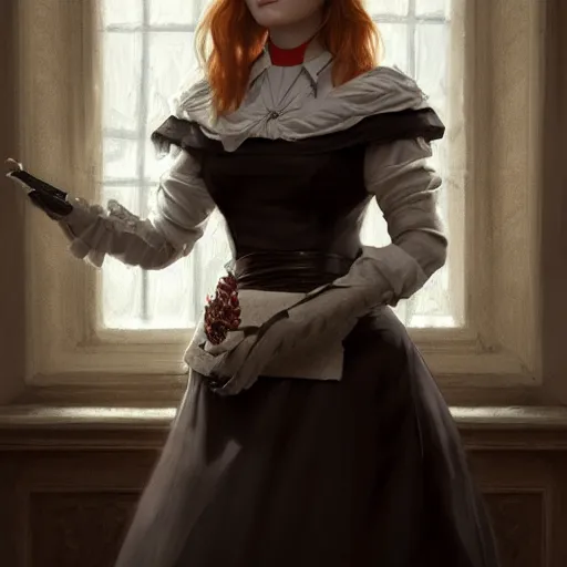 Prompt: a portrait of alexandra breckenridge as a maid, urban motifs, intricate, elegant, highly detailed, digital painting, trending on artstation, concept art, smooth sharp focus, illustration, art by artgerm and greg rutkowski