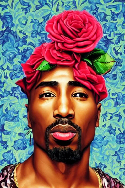 Image similar to Tupac, portrait by Kehinde Wiley!!, roses, artgerm, loish, oil painting,