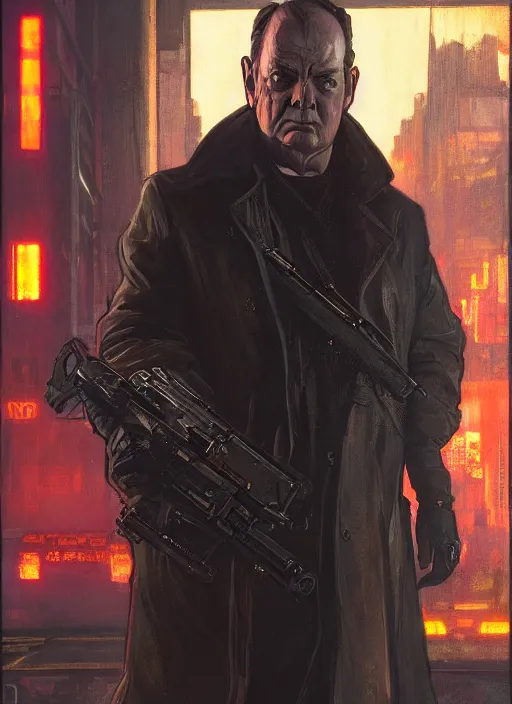 Prompt: Winston Churchill. Cyberpunk assassin in tactical gear. blade runner 2049 concept painting. Epic painting by James Gurney, and Alphonso Mucha. ArtstationHQ. painting with Vivid color. Stylized proportions. (rb6s, Cyberpunk 2077)