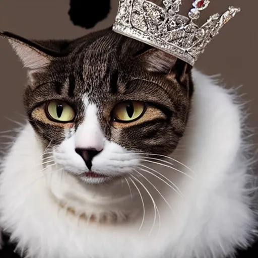 Prompt: A DSH Cat dressed as queen of England