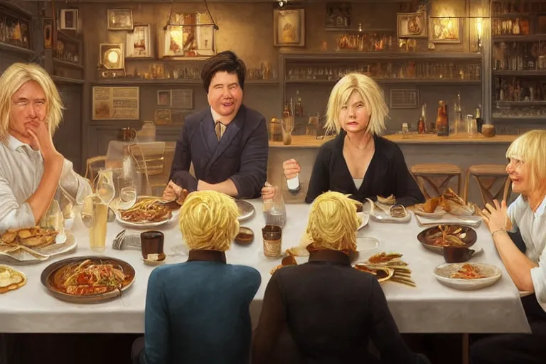 Image similar to portait of michael mcintyre and middle aged blonde woman with short hair and a blonde woman with long hair having dinner at sunday in brooklyn restaurant, anatomy, bathed in light, highly detailed, photorealistic, artstation, smooth, sharp focus, illustration, unreal engine 5, 8 k, art by artgerm and greg rutkowski and edgar maxence