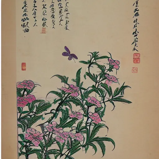 Prompt: a butterfly flying above the flowers,chinese gongbi style drawing