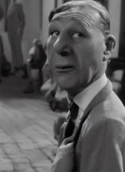 Image similar to film still of Kermit the frog as Oskar Schindler in Schindler's List, 4k