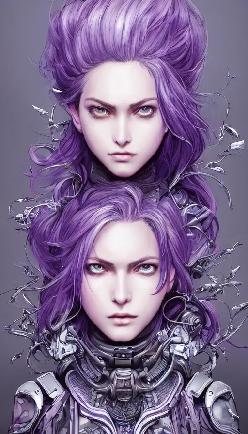 Image similar to close facial portrait of a pale woman in power armor with flowing purple hair, elegant, stoic, intense, ultrafine hyperdetailed illustration by kim jung gi, irakli nadar, intricate linework, sharp focus, bright colors, octopath traveler, final fantasy, hearthstone, highly rendered, global illumination, radiant light, detailed, intricate environment