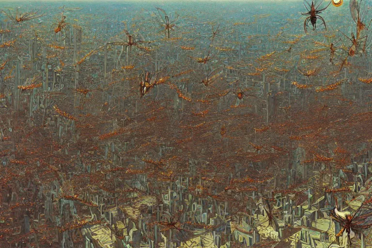 Image similar to oil painting, super - detailed scene of a swarm of insects overtaking a futuristic city, entomology, japanese sci - fi books art, artwork by jean giraud and zdzislaw beksinski and alphonse mucha and hr giger, hd, 4 k, high quality