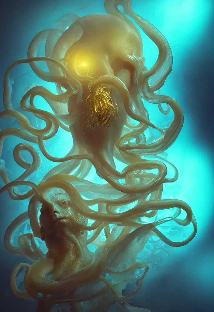 Prompt: subsurface scattering, poseidon made of soft wax, cgsociety, translucent, organic squid and ceramic art nouveau swirls, golden orbs, colored smoke, in the style of alberto seveso and ruan jia and beeple and giger, mystical colors, back light, rim light, dramatic lighting, 8 k, stunning scene, raytracing, octane render