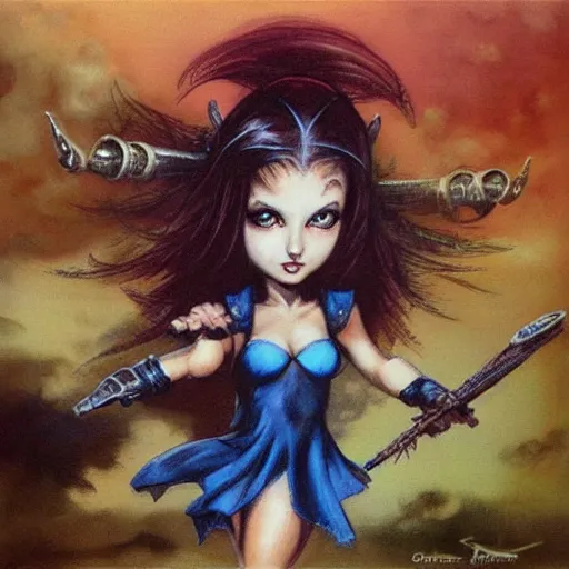 Prompt: “ original chibi bunny girl boris vallejo, julie bell, luis royo, frank frazetta, brom ”