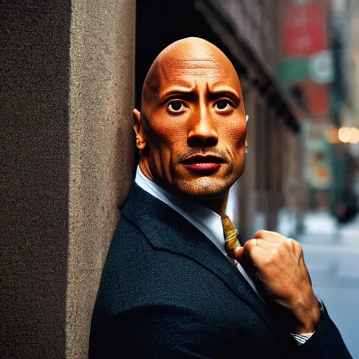 Image similar to closeup portrait of a Dwayne Johnson , new york back street , by Steve McCurry and David Lazar, natural light, detailed face, CANON Eos C300, ƒ1.8, 35mm, 8K, medium-format print