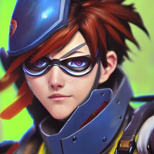 Prompt: extreme close up tracer from overwatch fantasy portrait painted by daniel dos santos