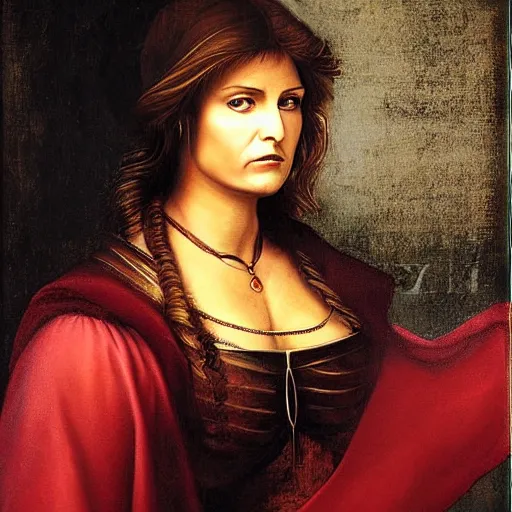 Prompt: a striking hyper real painting of Lucy Lawless by da Vinci.