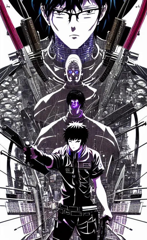 Prompt: an intricate detailed main cover of the manga, a strong male anime hero with two magical swords, in neo tokyo cyberpunk city with spirit sight, by Katsuhiro Otomo + Sui Ishida, in the anime Ghost In the Shell, trending on artstation + clean lines + lineart +clean edges